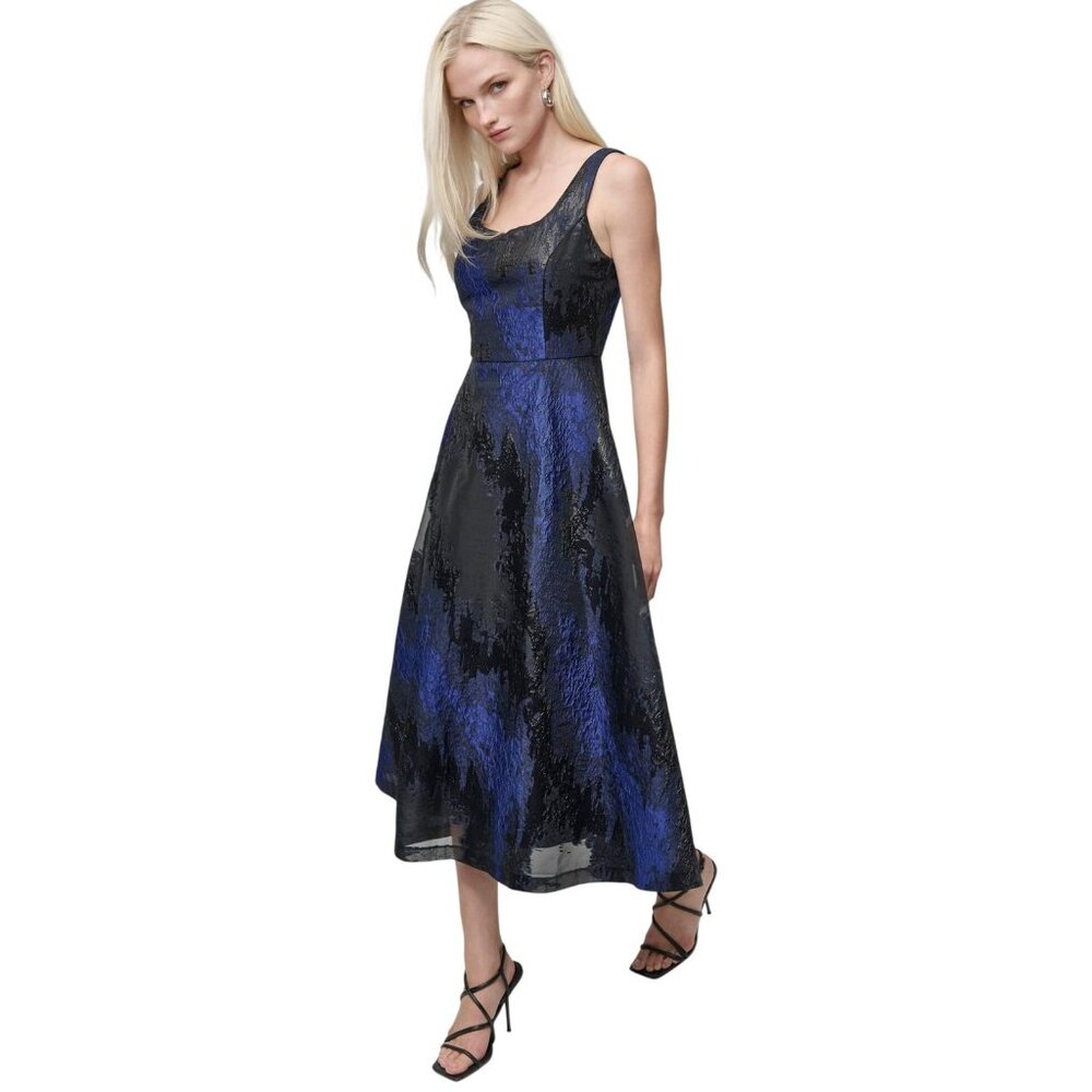 NWT DKNY Womens Metallic Jacquard Scoop-Neck Midi Dress Navy Blue 8 - Picture 2 of 13